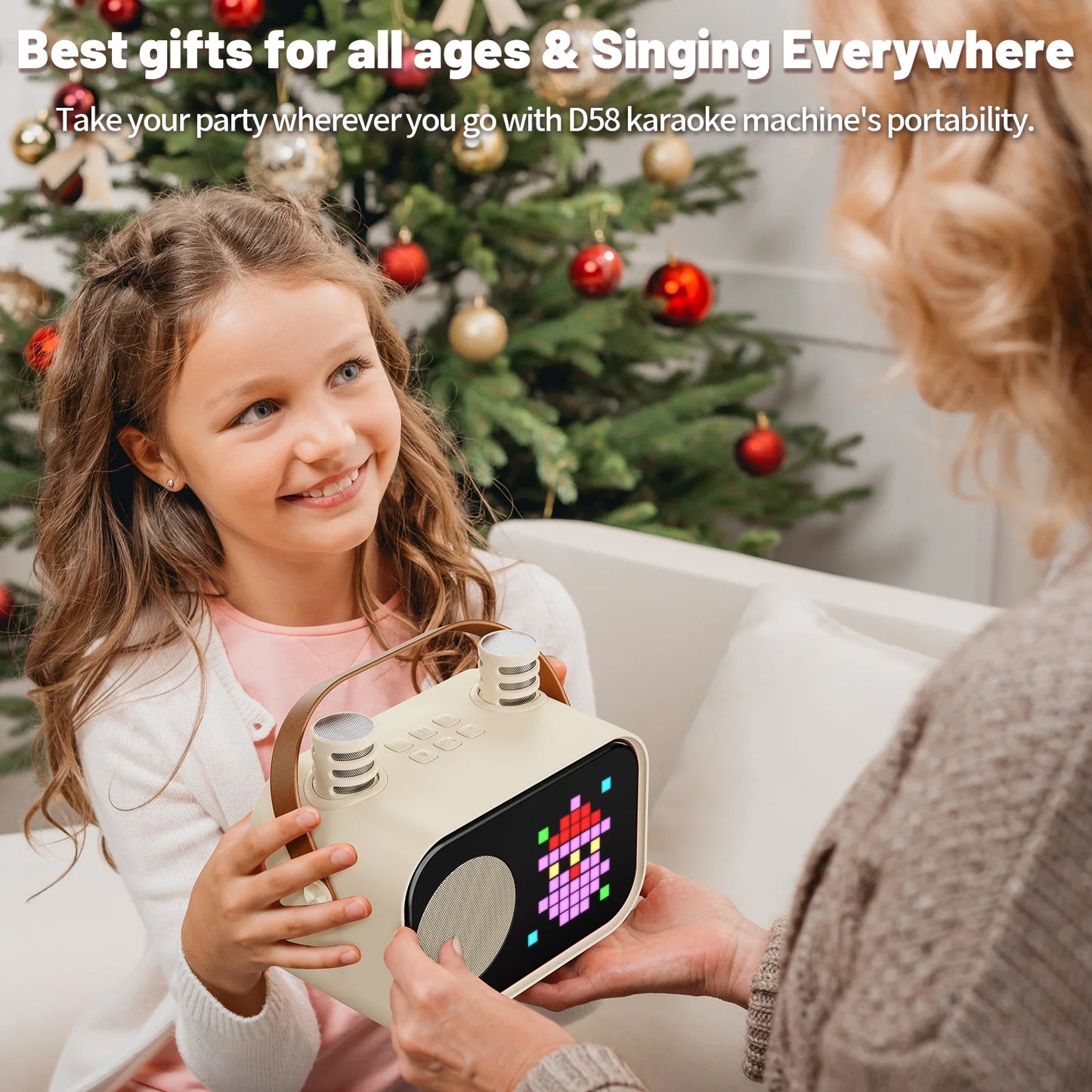 Mini Karaoke Machine for Kids & Adults – Portable Bluetooth Speaker with 2 Wireless Microphones & 15+ Pixel Animations