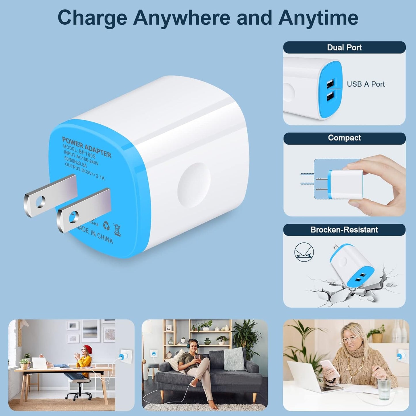 Dual USB Wall Charger 2.1A Fast Charging Adapter