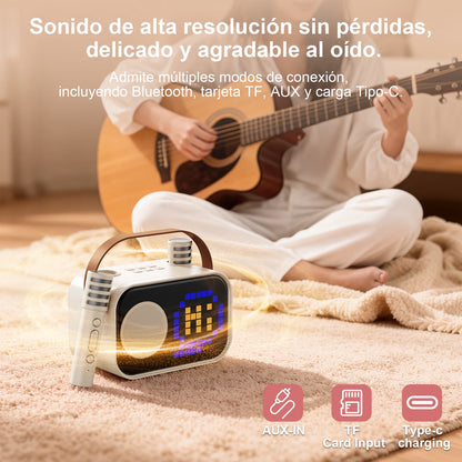 Mini Karaoke Machine for Kids & Adults – Portable Bluetooth Speaker with 2 Wireless Microphones & 15+ Pixel Animations