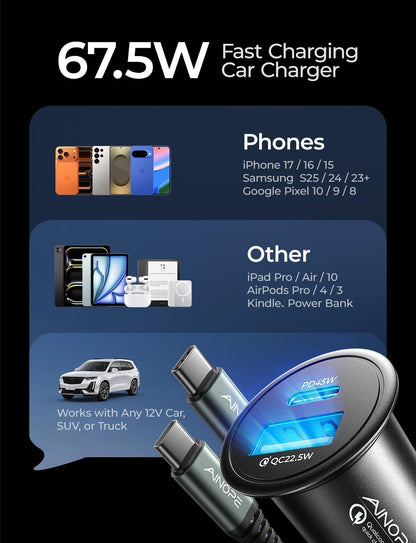 67.5W Fast Car Charger – USB-C & USB Fast Charging Adapter for iPhone & Samsung