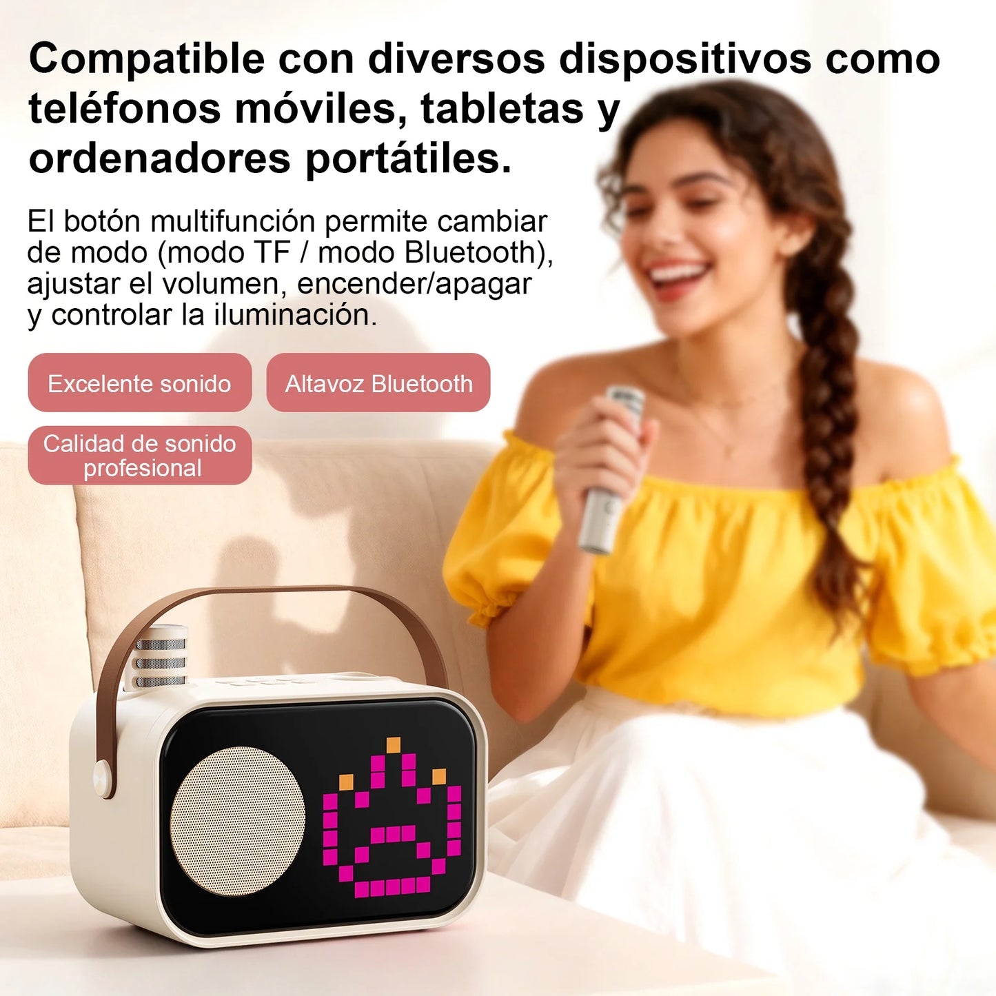 Mini Karaoke Machine for Kids & Adults – Portable Bluetooth Speaker with 2 Wireless Microphones & 15+ Pixel Animations