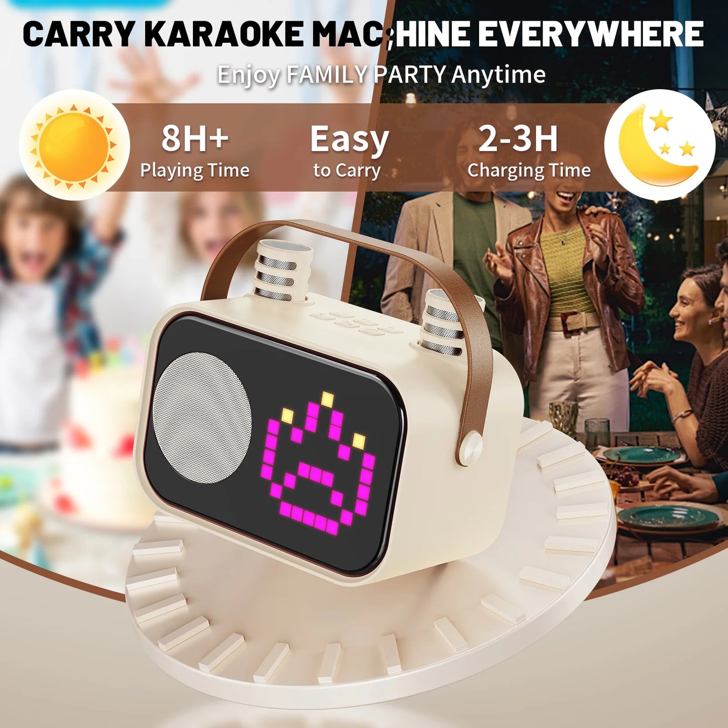 Mini Karaoke Machine for Kids & Adults – Portable Bluetooth Speaker with 2 Wireless Microphones & 15+ Pixel Animations