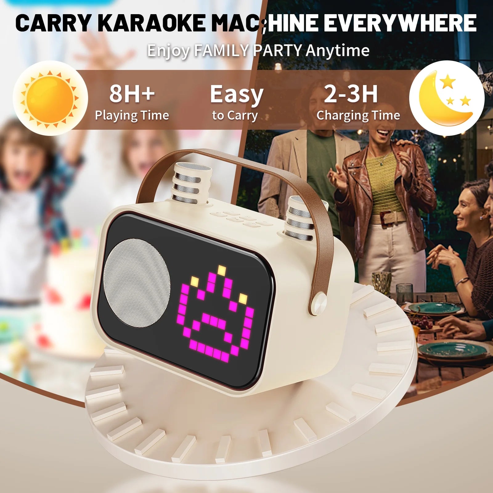Mini Karaoke Machine for Kids & Adults – Portable Bluetooth Speaker with 2 Wireless Microphones & 15+ Pixel Animations