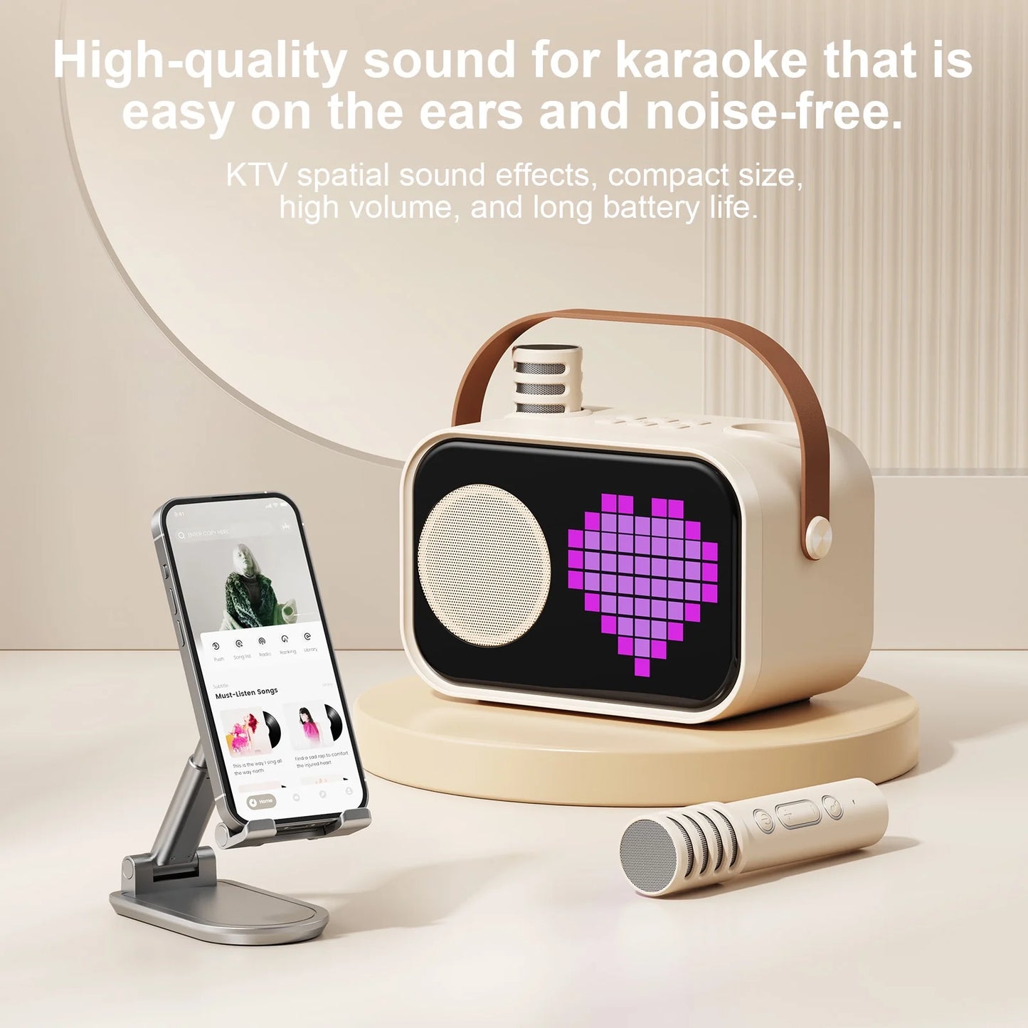 Mini Karaoke Machine for Kids & Adults – Portable Bluetooth Speaker with 2 Wireless Microphones & 15+ Pixel Animations