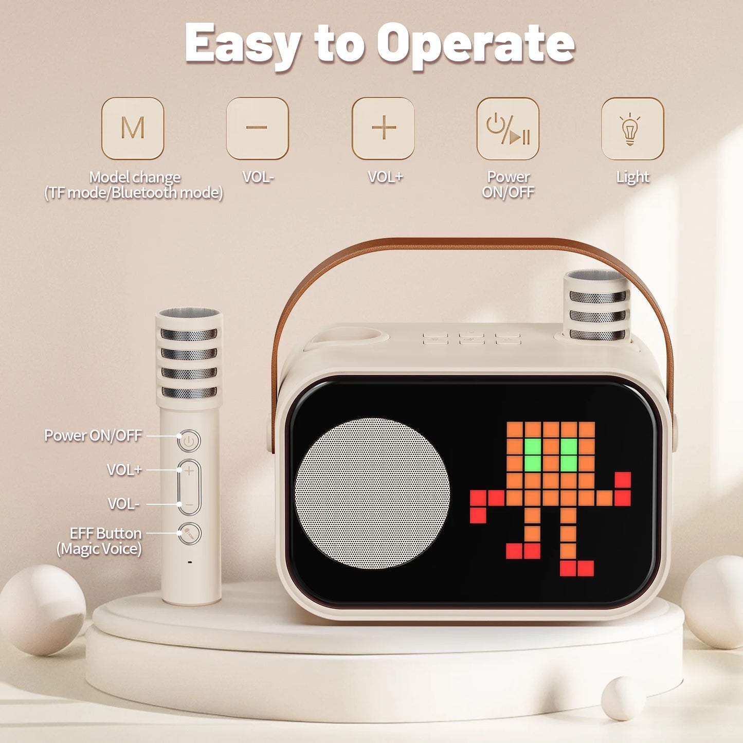 Mini Karaoke Machine for Kids & Adults – Portable Bluetooth Speaker with 2 Wireless Microphones & 15+ Pixel Animations