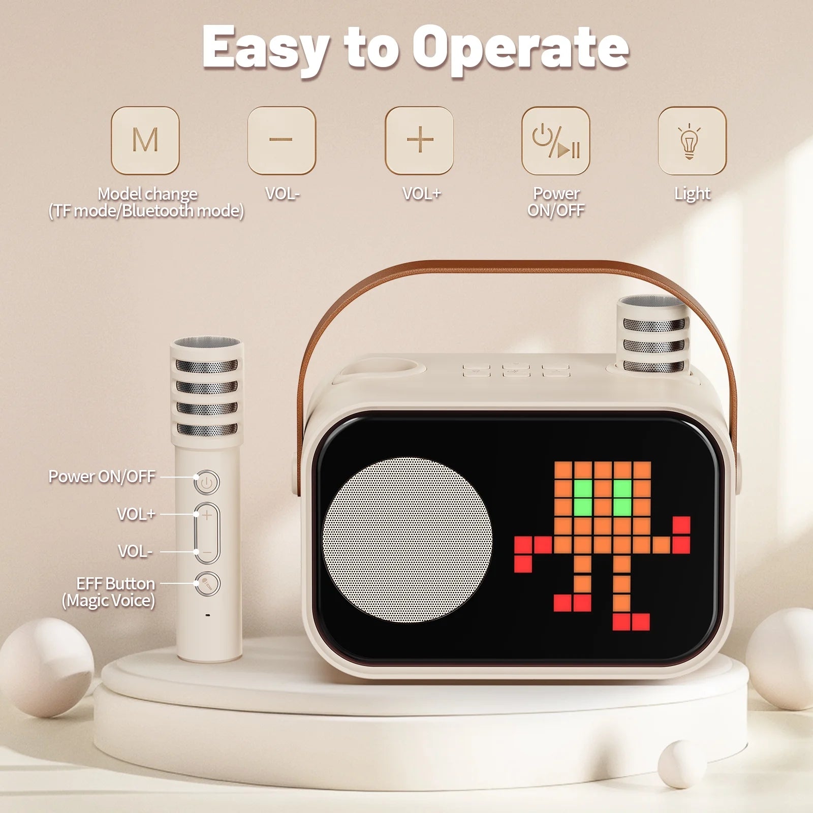 Mini Karaoke Machine for Kids & Adults – Portable Bluetooth Speaker with 2 Wireless Microphones & 15+ Pixel Animations