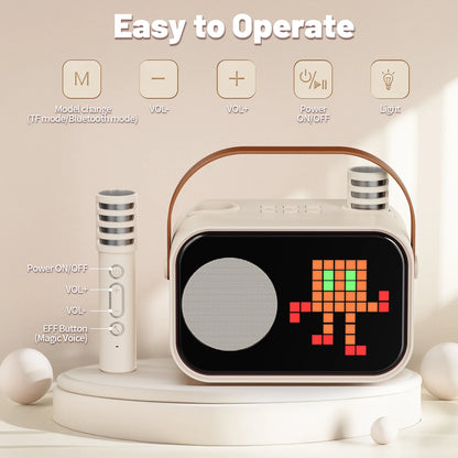 Mini Karaoke Machine for Kids & Adults – Portable Bluetooth Speaker with 2 Wireless Microphones & 15+ Pixel Animations