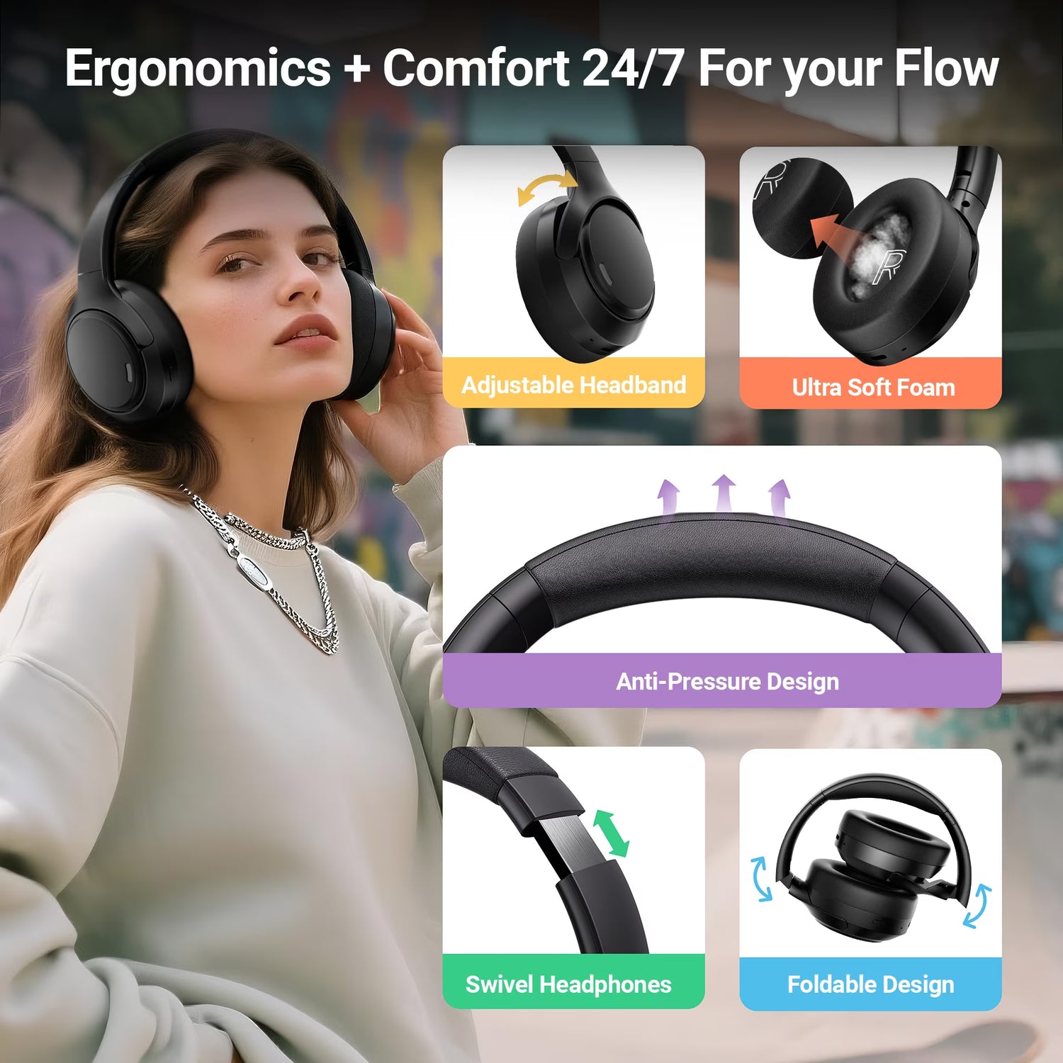 Wireless Over-Ear Headphones with Hybrid ANC – 50 dB Noise Reduction, 120-Hour Battery, 6-Mic ENC, Spatial Audio and Foldable Design