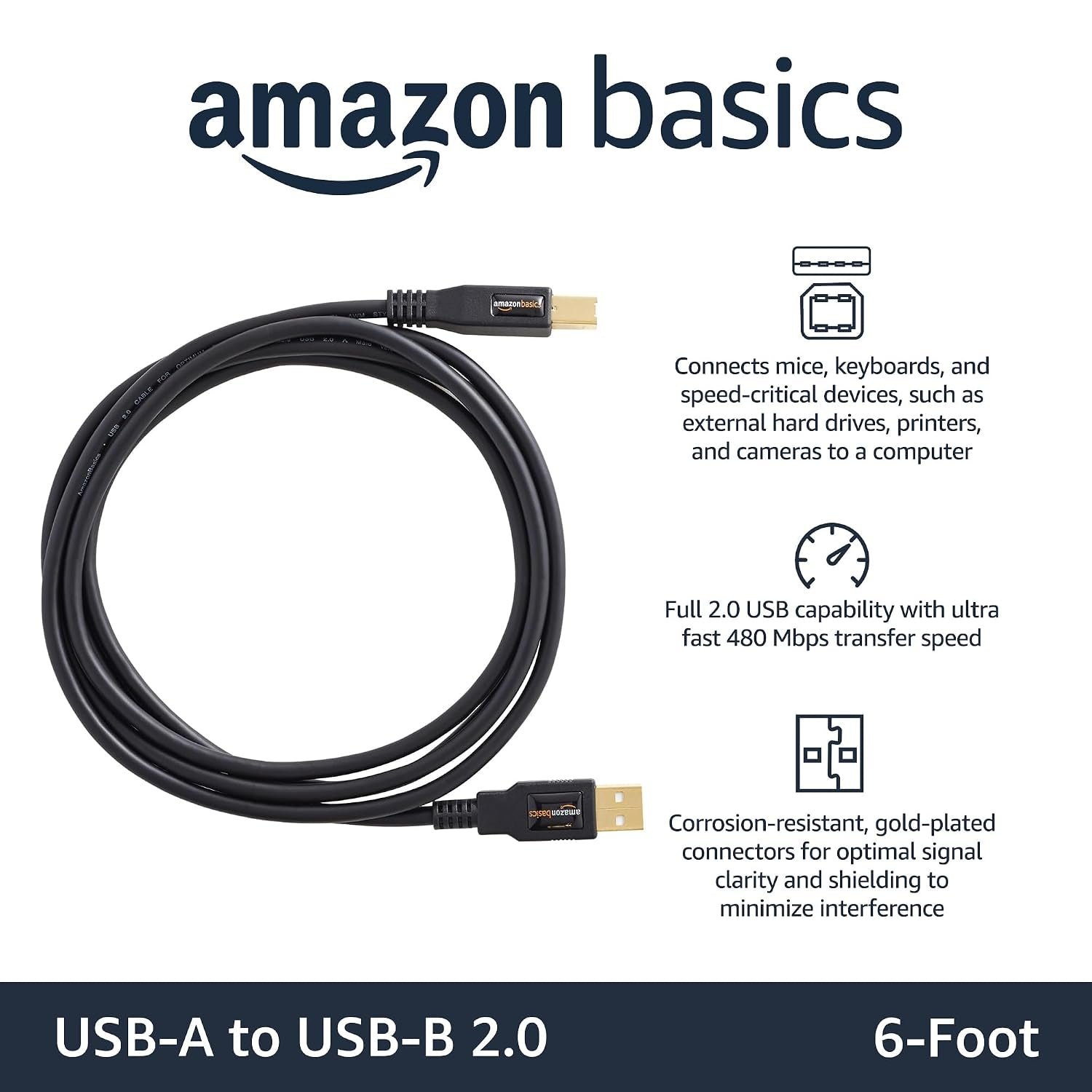 USB 2.0 Printer Cable (USB-A to USB-B, 6ft)