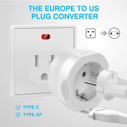 European to US Travel Plug Adapter | Type C/E/F to USA, Grounded