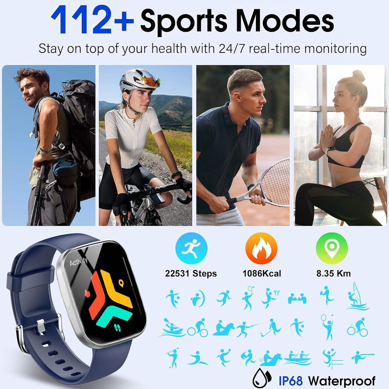 1.91″ HD IP68 Fitness Smartwatch – Blue