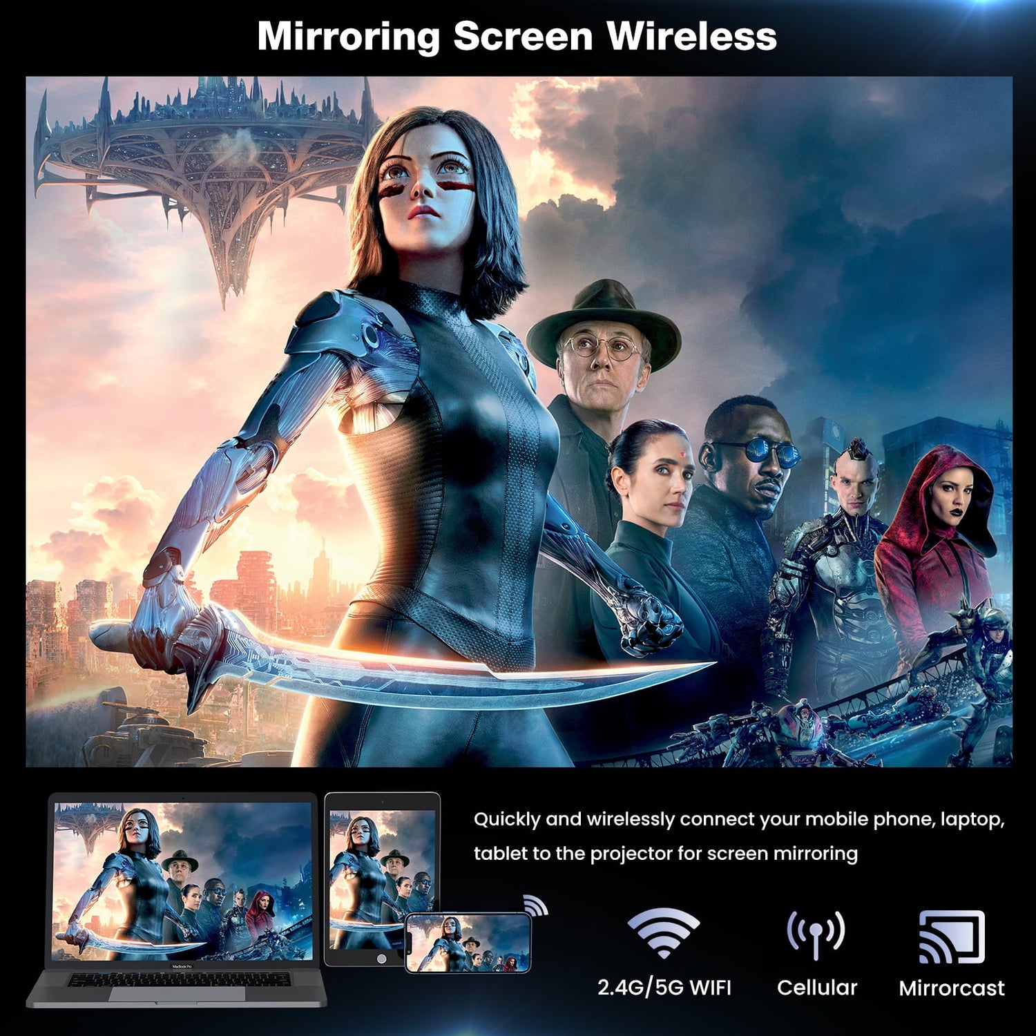 Mini 1080P WiFi & Bluetooth Projector, 4K Supported