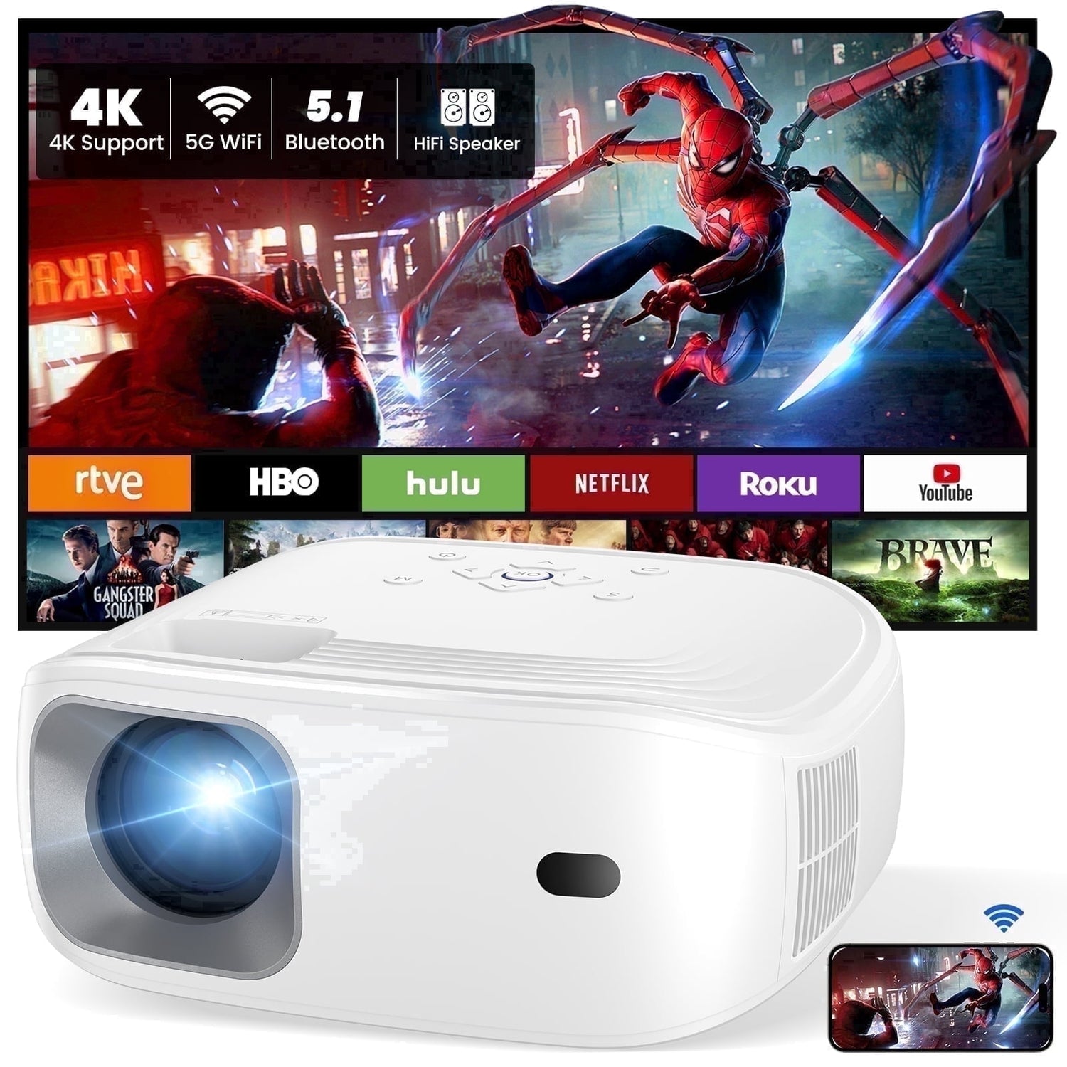 Mini 1080P WiFi & Bluetooth Projector, 4K Supported