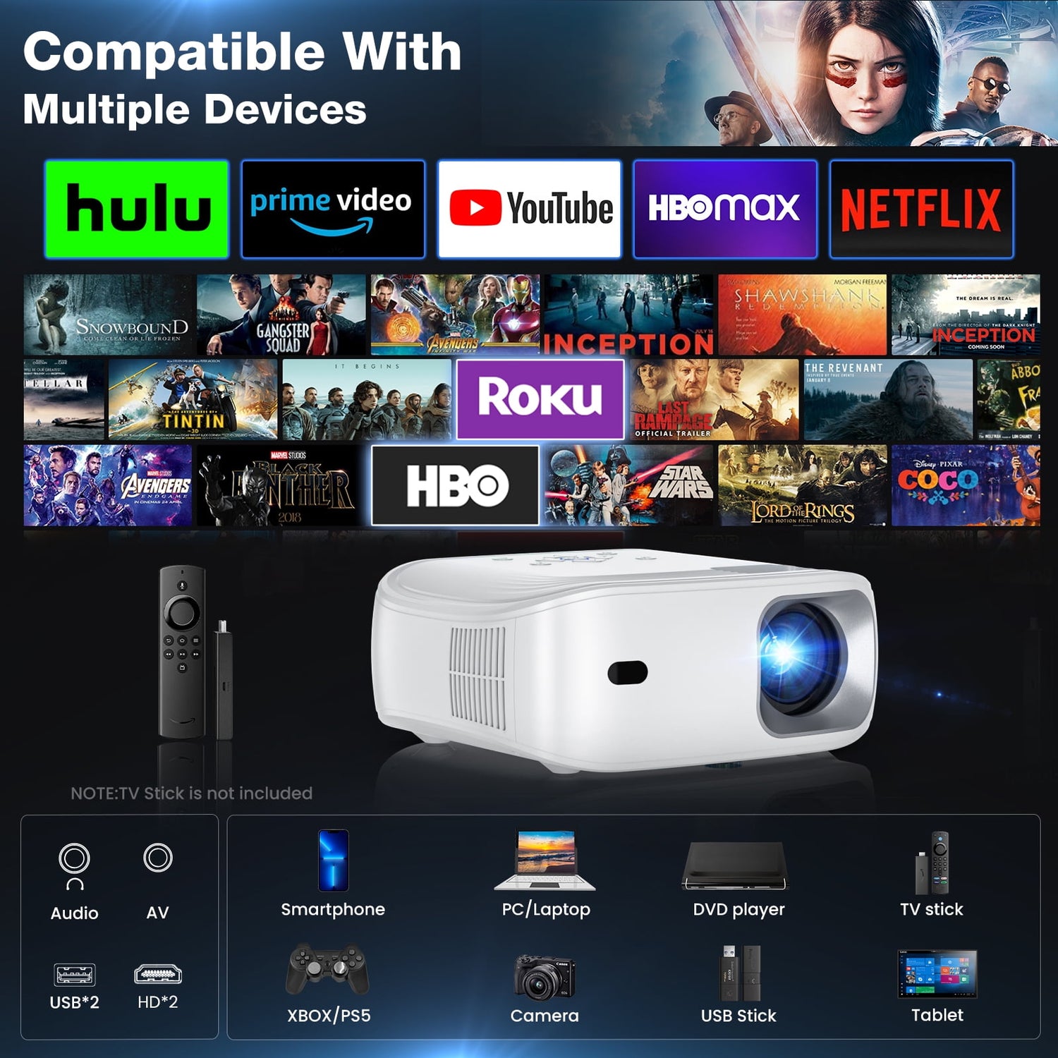 Mini 1080P WiFi & Bluetooth Projector, 4K Supported