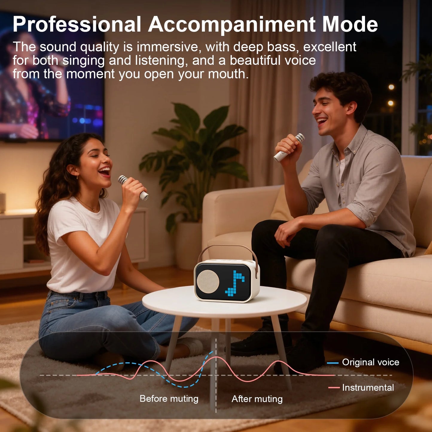 Mini Karaoke Machine for Kids & Adults – Portable Bluetooth Speaker with 2 Wireless Microphones & 15+ Pixel Animations