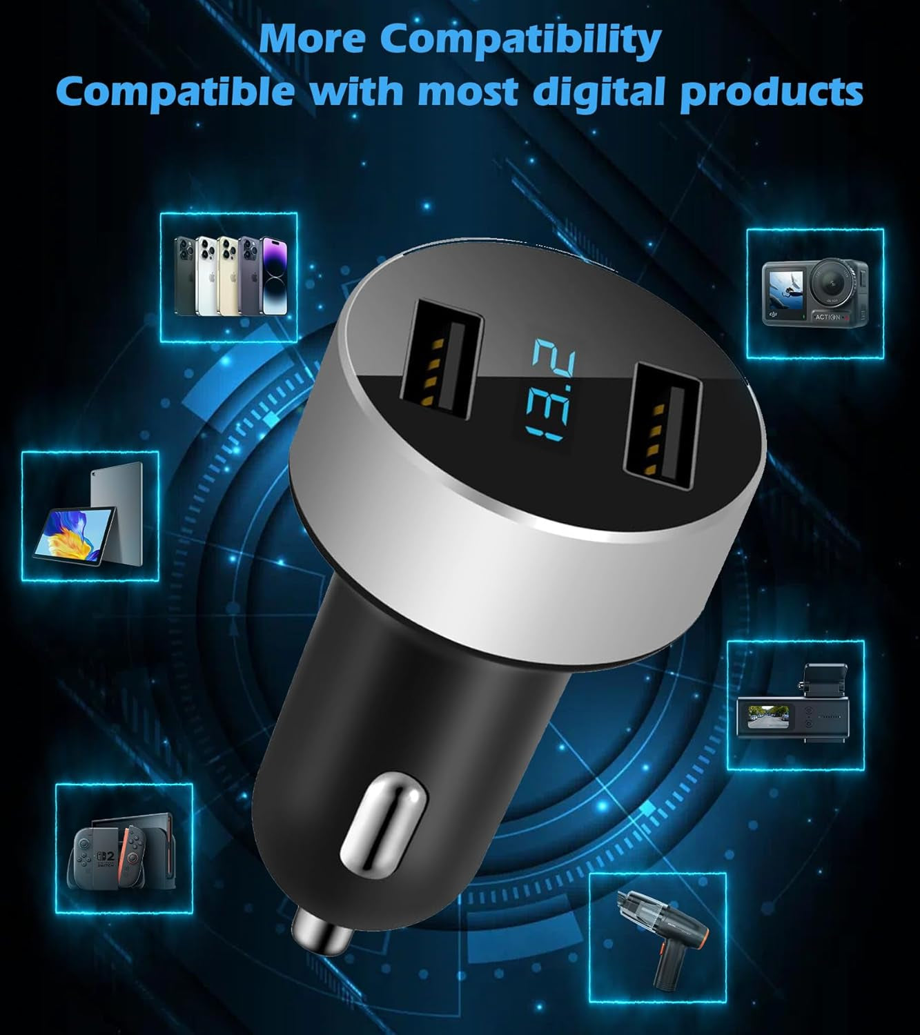 Dual USB Fast Car Charger – 12V/24V Adapter with LED Voltage Meter