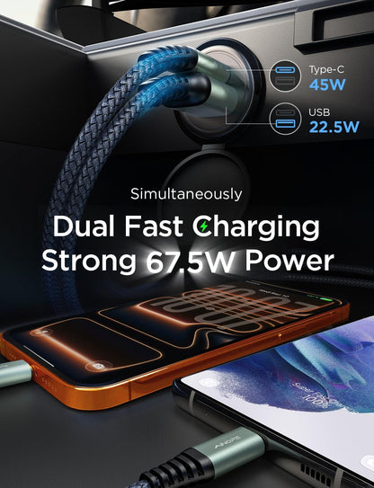 67.5W Fast Car Charger – USB-C & USB Fast Charging Adapter for iPhone & Samsung