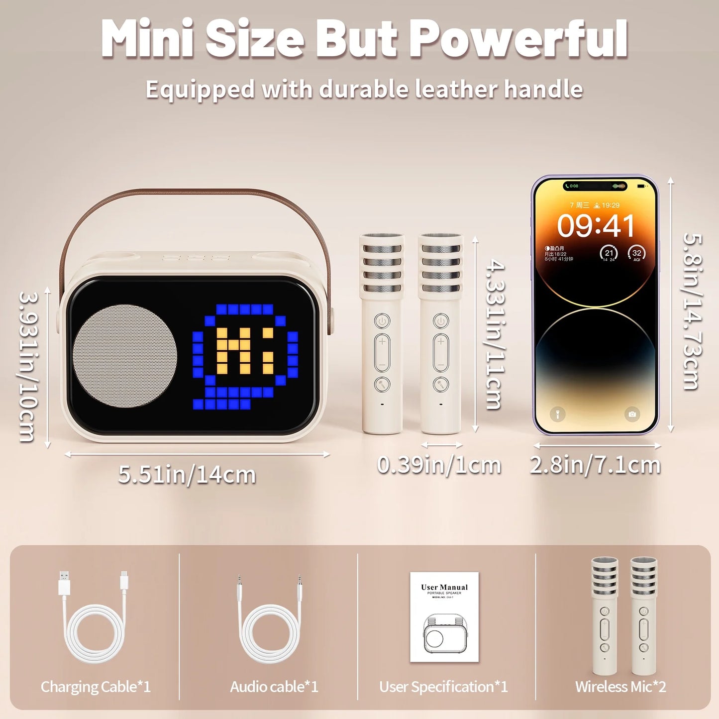Mini Karaoke Machine for Kids & Adults – Portable Bluetooth Speaker with 2 Wireless Microphones & 15+ Pixel Animations