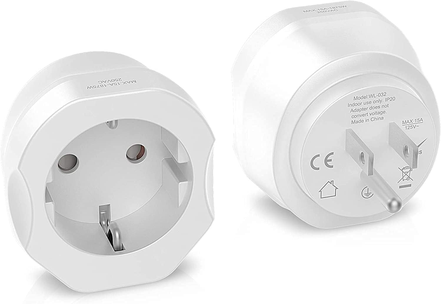 European to US Travel Plug Adapter | Type C/E/F to USA, Grounded
