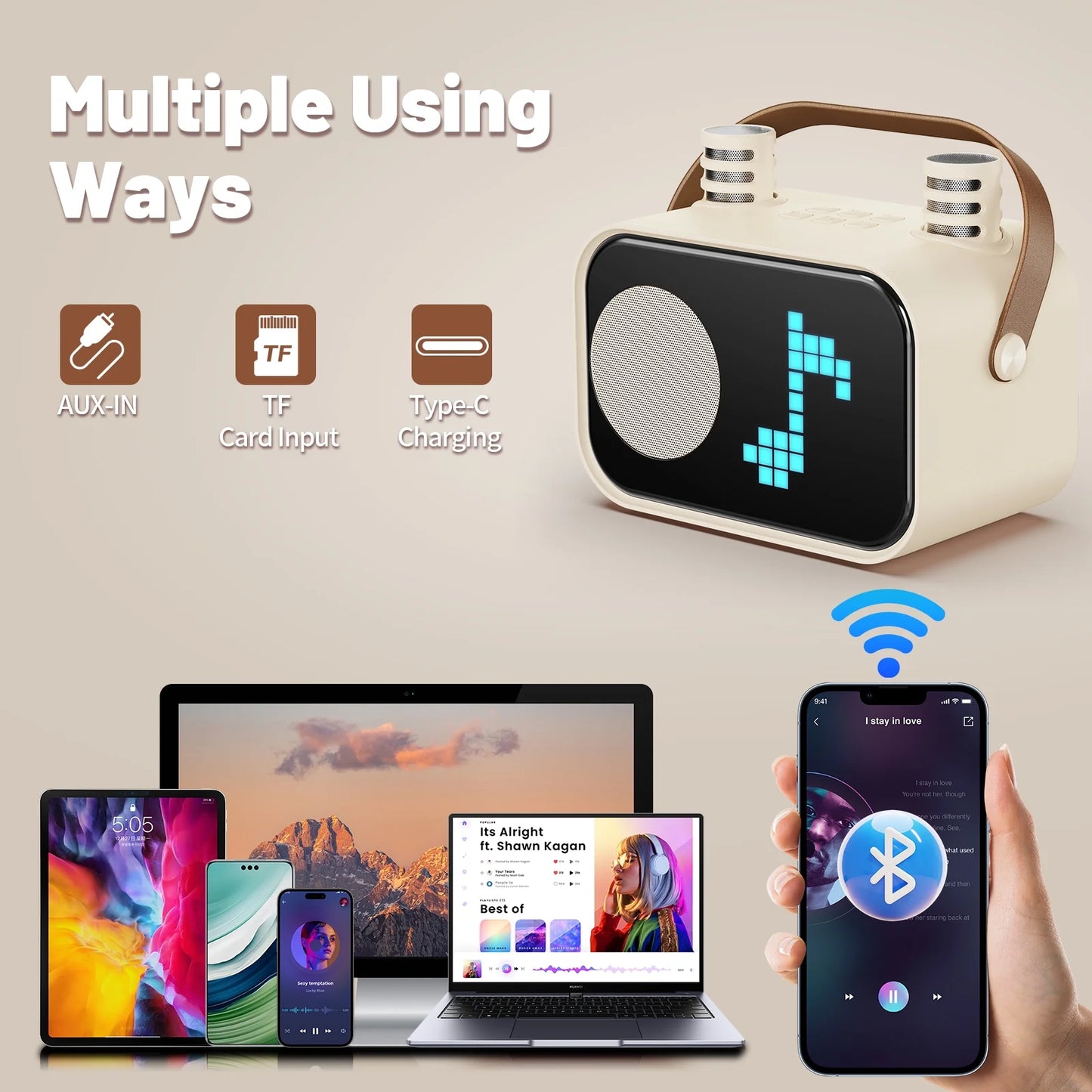Mini Karaoke Machine for Kids & Adults – Portable Bluetooth Speaker with 2 Wireless Microphones & 15+ Pixel Animations