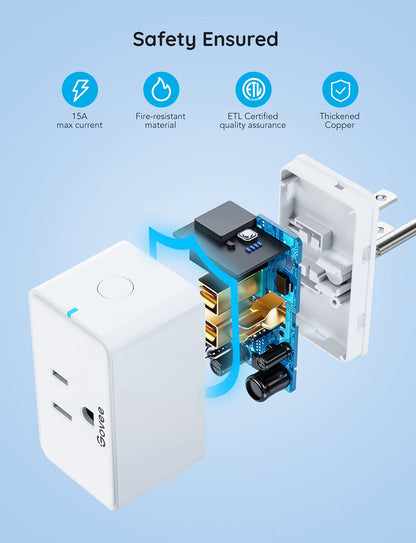 Smart Plug 15A - 4 Pack WiFi and Bluetooth Outlets Compatible with Alexa and Google Assistant, Remote Control via Home App, Multiple Timer Support, No Hub Required, ETL & FCC Certified